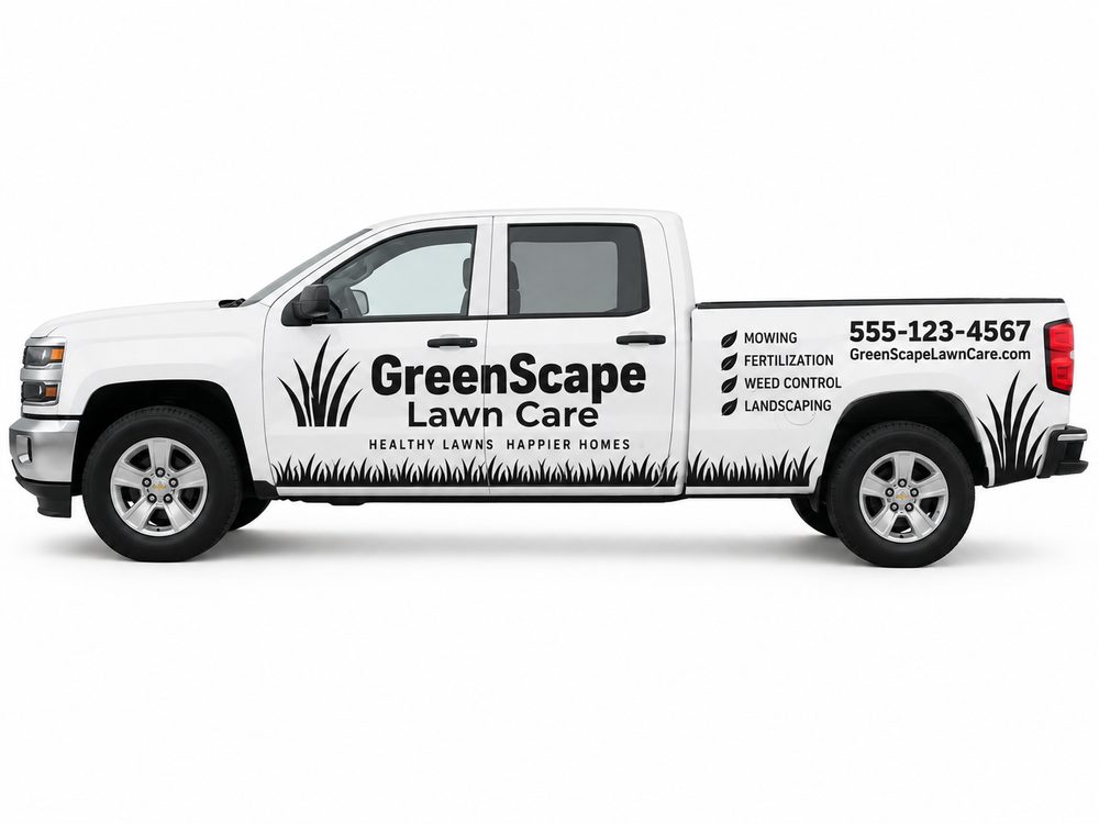 Single Color vehicle graphics example for GreenScape Lawn Care