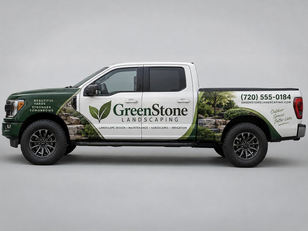 Partial Wrap vehicle graphics example for Landscaping Company